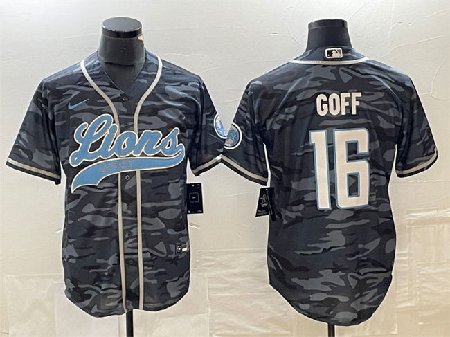 Men's Detroit Lions #16 Jared Goff Gray Camo Cool Base Stitched Baseball Jersey
